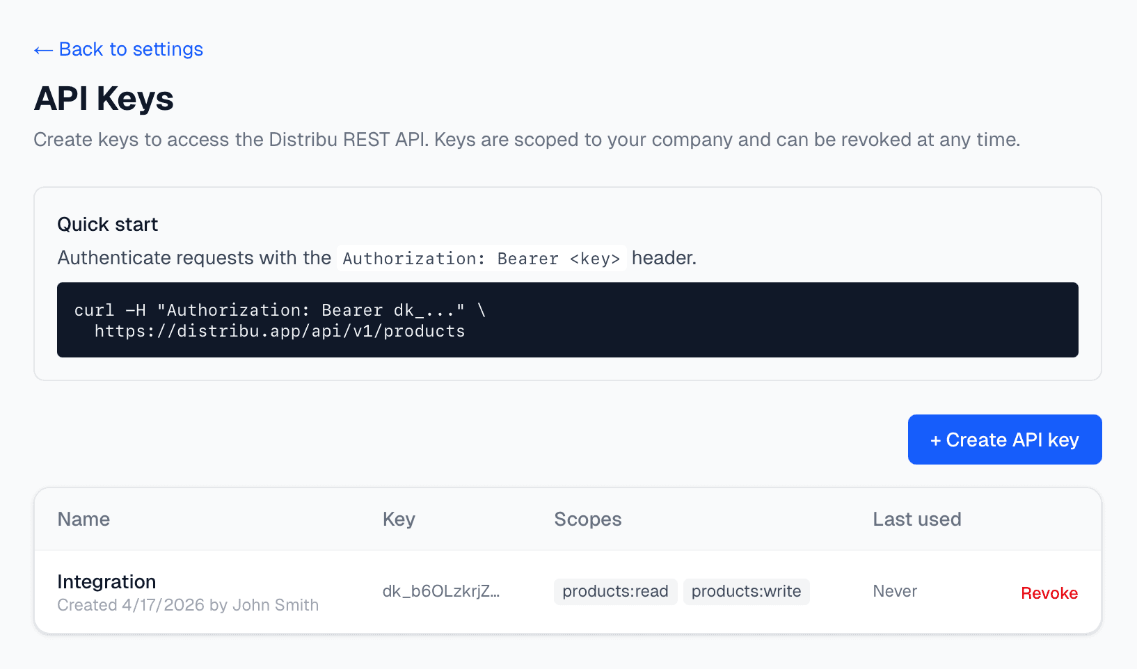 API keys settings showing scoped keys with rate limits and last-used timestamps